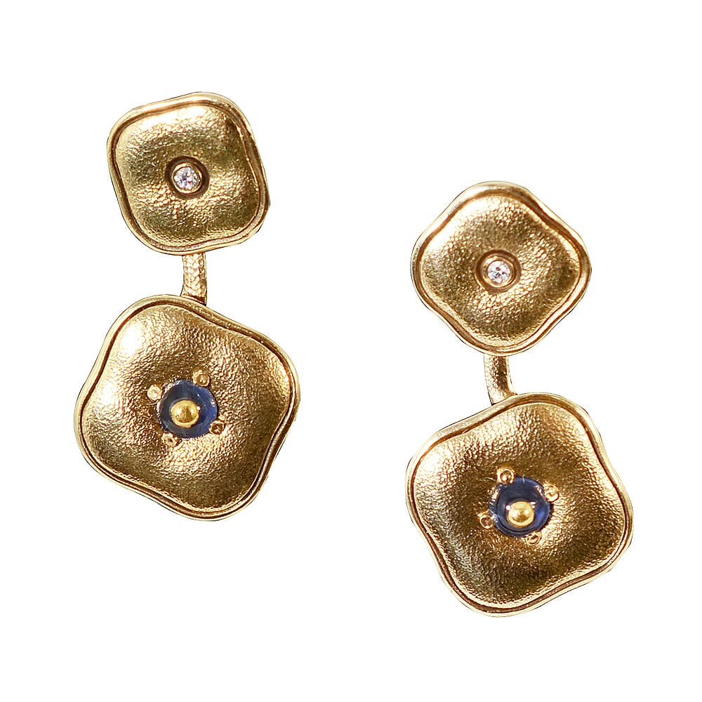 Alex Sepkus 18k, Inlayed Cabochon Sapphire and Diamond "Cushion" Earrings E-189