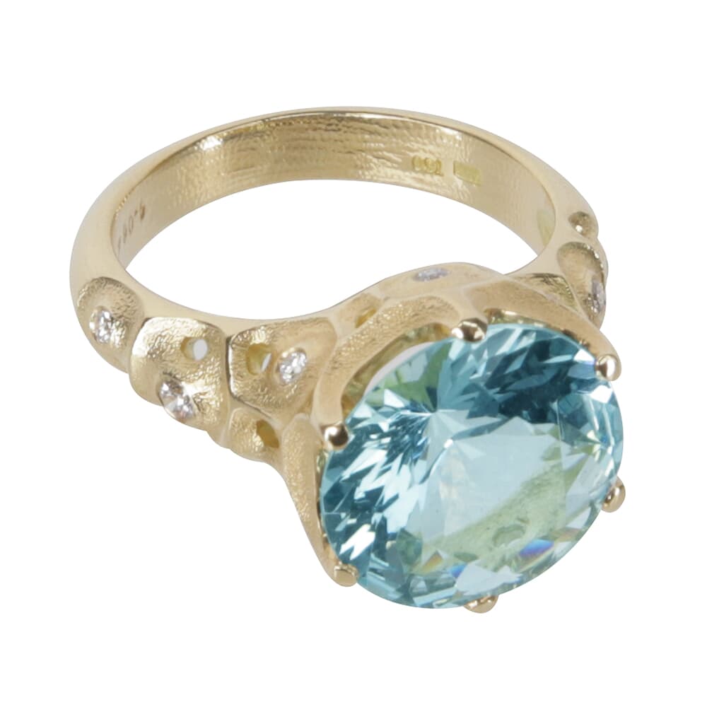 Alex Sepkus 18k Diamond "Norma" Ring with Aqua 4.06ct 11.8-12.1mm Round Center Stone, and 10 Diamonds (approx. 0.12ct) R-225