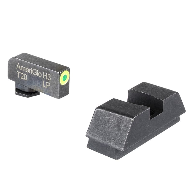 Ameriglo Optic Compatible L Tall Grn Trit w/LumiGreen Outline .220&quot;F, Plain Black .295&quot;R Sight Set for Glock GL-680