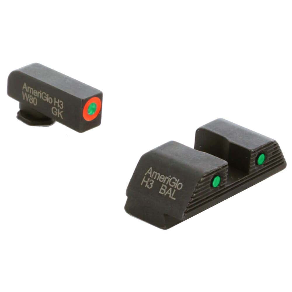 Ameriglo Trooper Grn Trit w/Org Outline Front Grn Trit w/Blk Outline Serrated Sq Rear Night Set for Glock Gen 1-4 17,19,22-24,26,27,33-35,37-39 GL-816