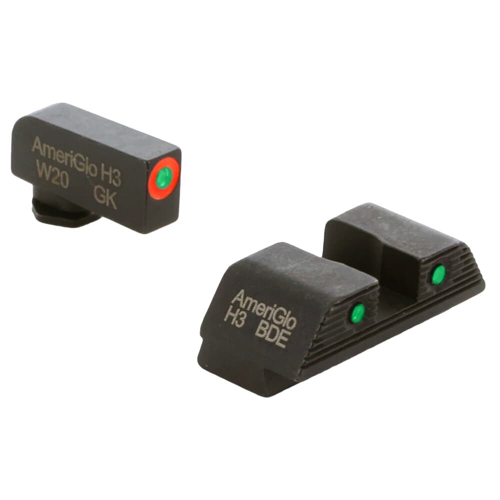 Ameriglo Trooper Green Tritium w/Orange Outline Front, Green Tritium w/Black Outline Serrated Sq Rear 3-Dot Night Set for Glock Gen5 9/40 GL-818