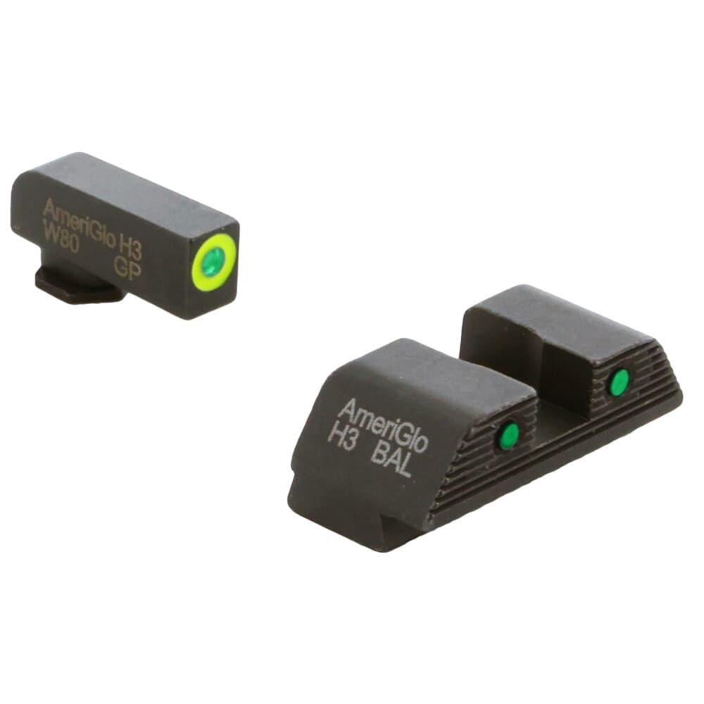 Ameriglo Trooper Grn Trit w/LG Outline Front, Grn Trit w/Blk Outline Serr. Sq Rear 3-Dot Set for Glock Gen 1-4 17,19,22-24,26,27,33-35,37-39 GL-819