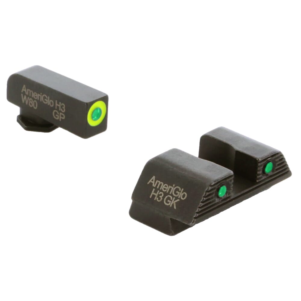 Ameriglo Trooper Green Tritium w/LumiGreen Outline Front, Green Tritium w/Black Outline Serrated Sq Rear 3-Dot Night Set for Glock 42,43,43X,48 GL-822