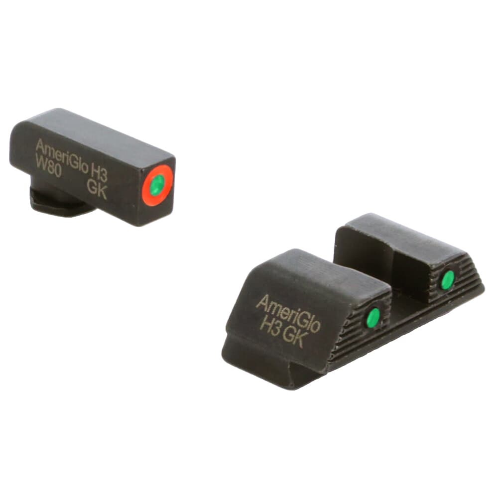 Ameriglo Trooper Green Tritium w/Orange Outline Front, Green Tritium w/Black Outline Serrated Sq Rear 3-Dot Night Set for Glock 42,43,43X,48 GL-823