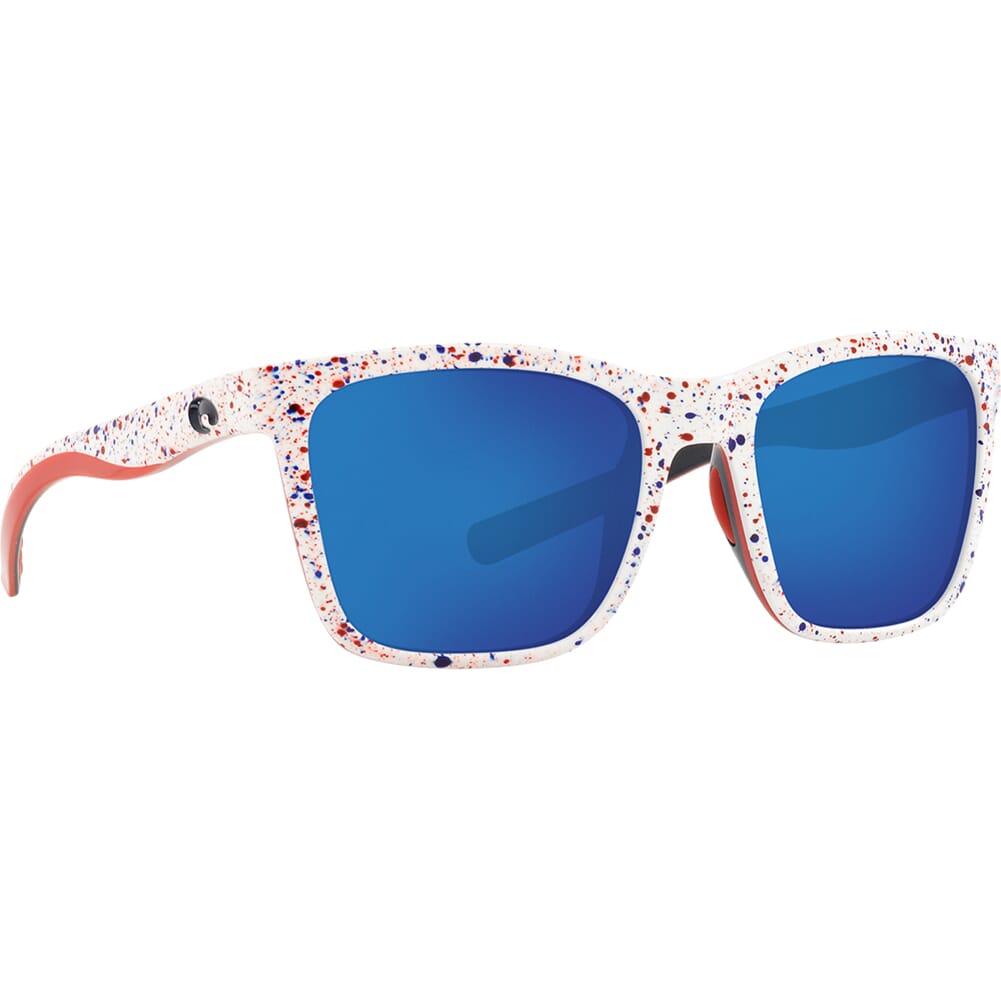 Costa Panga Shiny White Firework Frame Sunglasses w/ Blue Mirror 580P Lenses PAG-403-OBMP