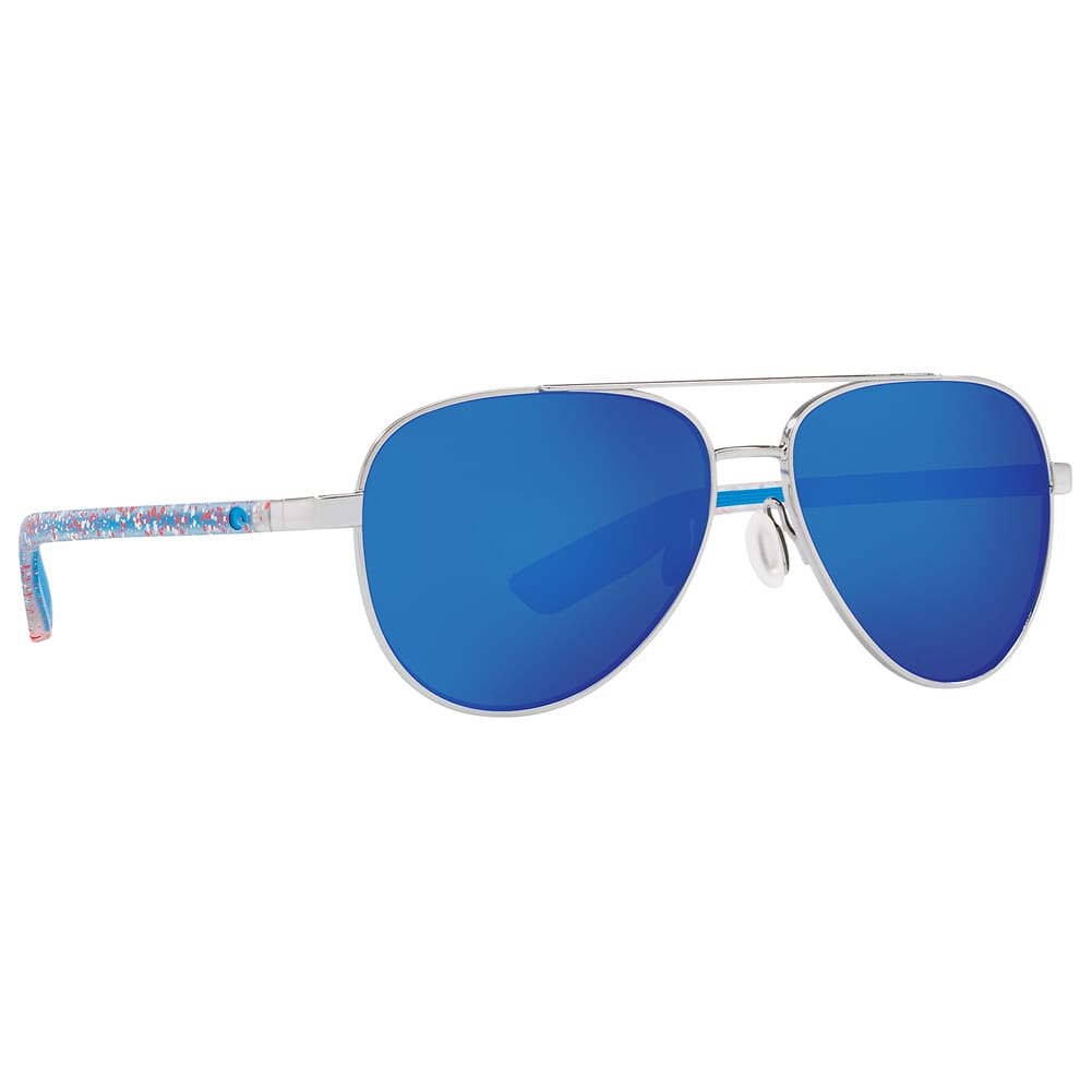 Costa Peli Shiny Silver With Matte Firework Temples Frame Sunglasses w/ Blue Mirror 580G Lenses PEL-400-OBMGLP