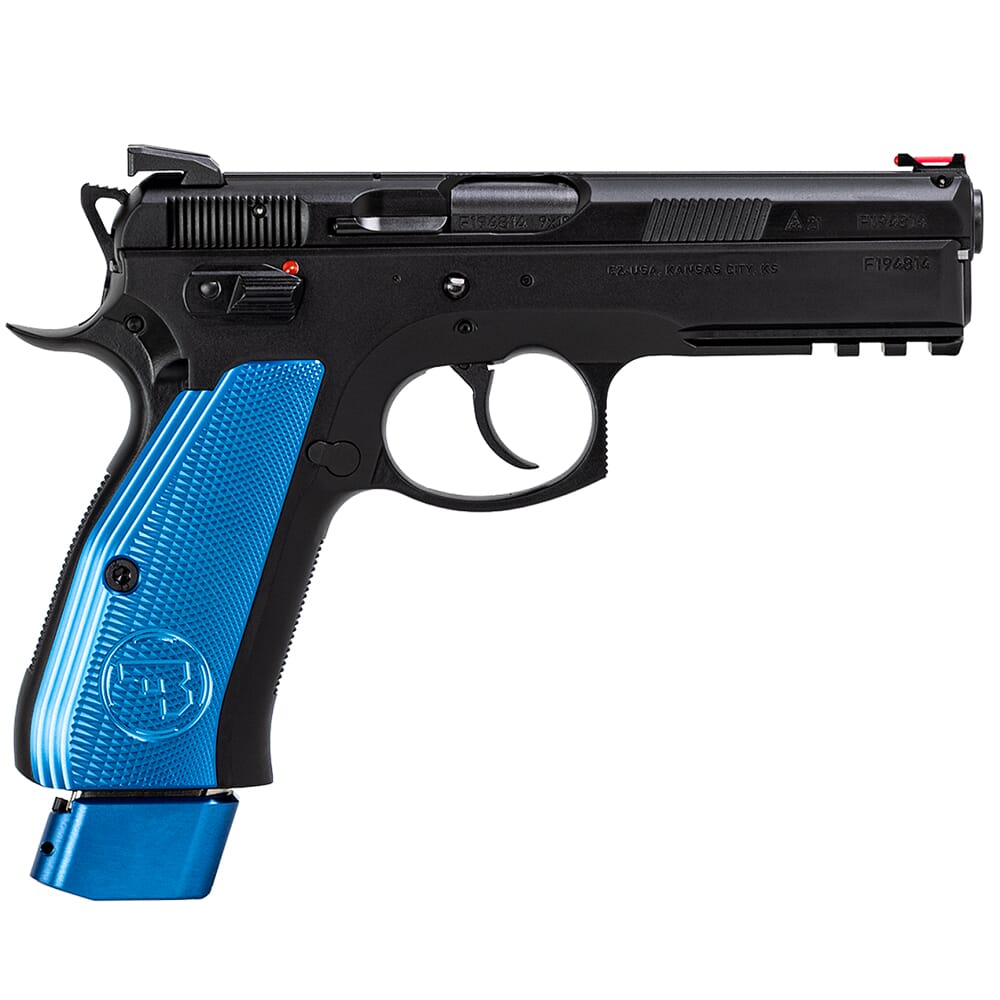 CZ-USA 75 SP-01 Comp 9mm 21rd Handgun w/Polycoat Steel, FO Front/Blk Serrated Rear, Comp Hammer, 11lb Rec Spring, Blue Ext Base Pads/Alum Grips 91207