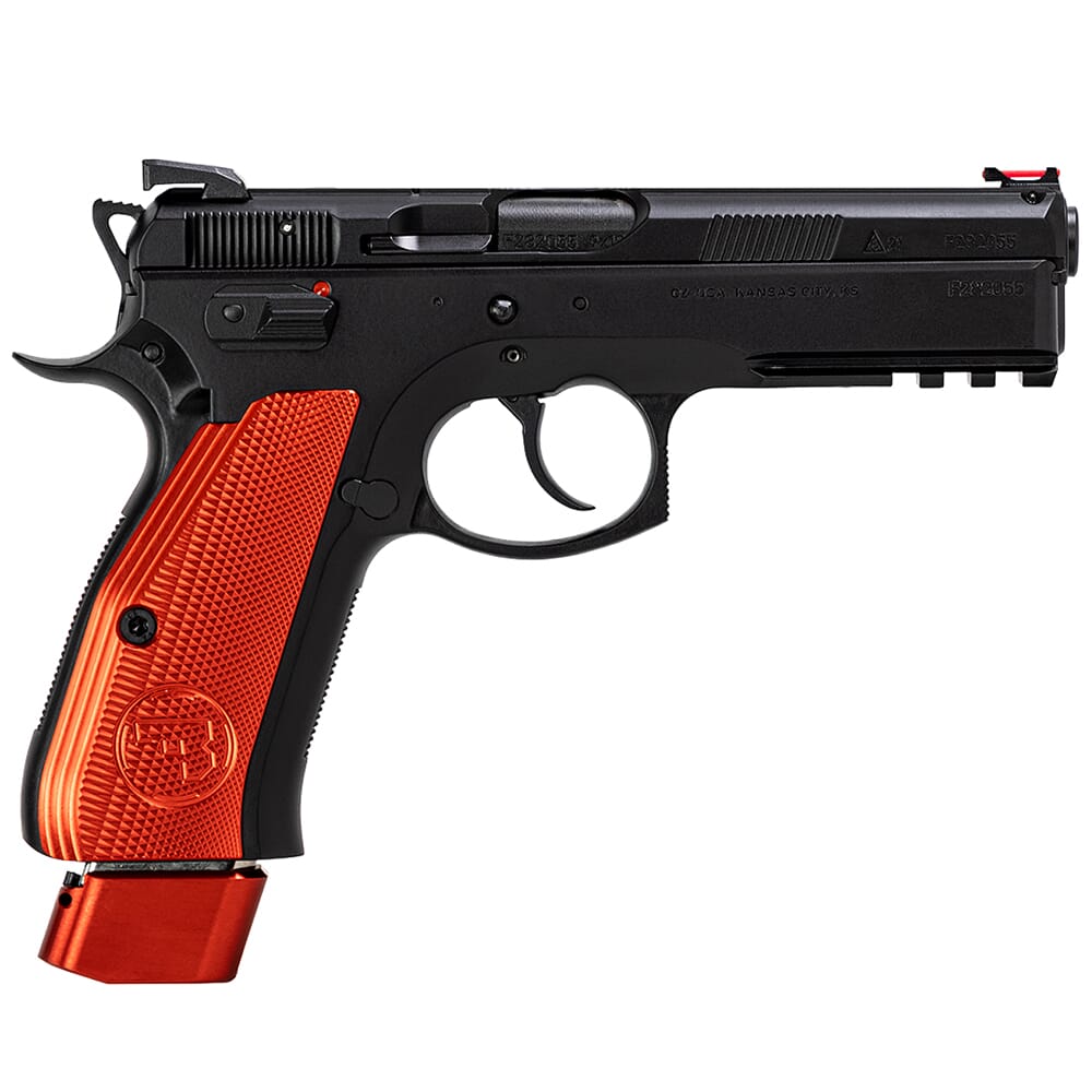 CZ-USA 75 SP-01 Comp 9mm 21rd Handgun w/Polycoat Steel, FO Front/Blk Serrated Rear, Comp Hammer, 11lb Rec Spring, Red Ext Base Pads/Alum Grips 91206