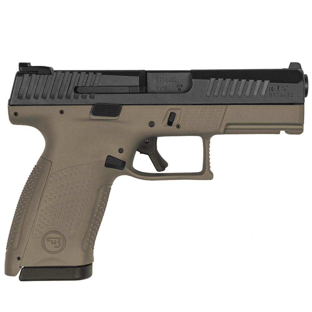 CZ-USA P-10 C 9mm 15rd FDE Handgun w/Polymer Frame, Nitride Slide, Fixed Sights, 3 Back Straps, Rev Mag Catch 89532