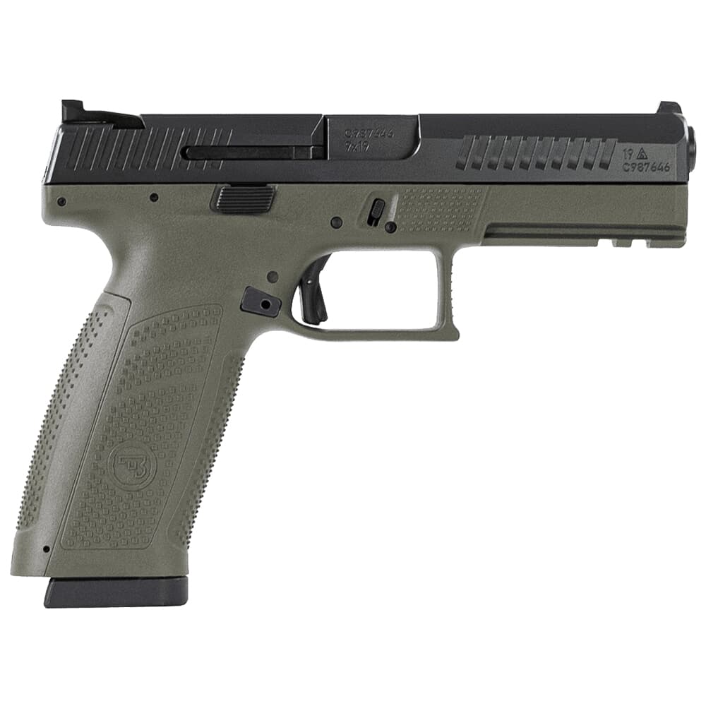 CZ-USA P-10 F 9mm 19rd ODG Handgun w/Polymer Frame, Nitride Slide, Fixed Sights, 3 Back Straps, Rev Mag Catch 89545