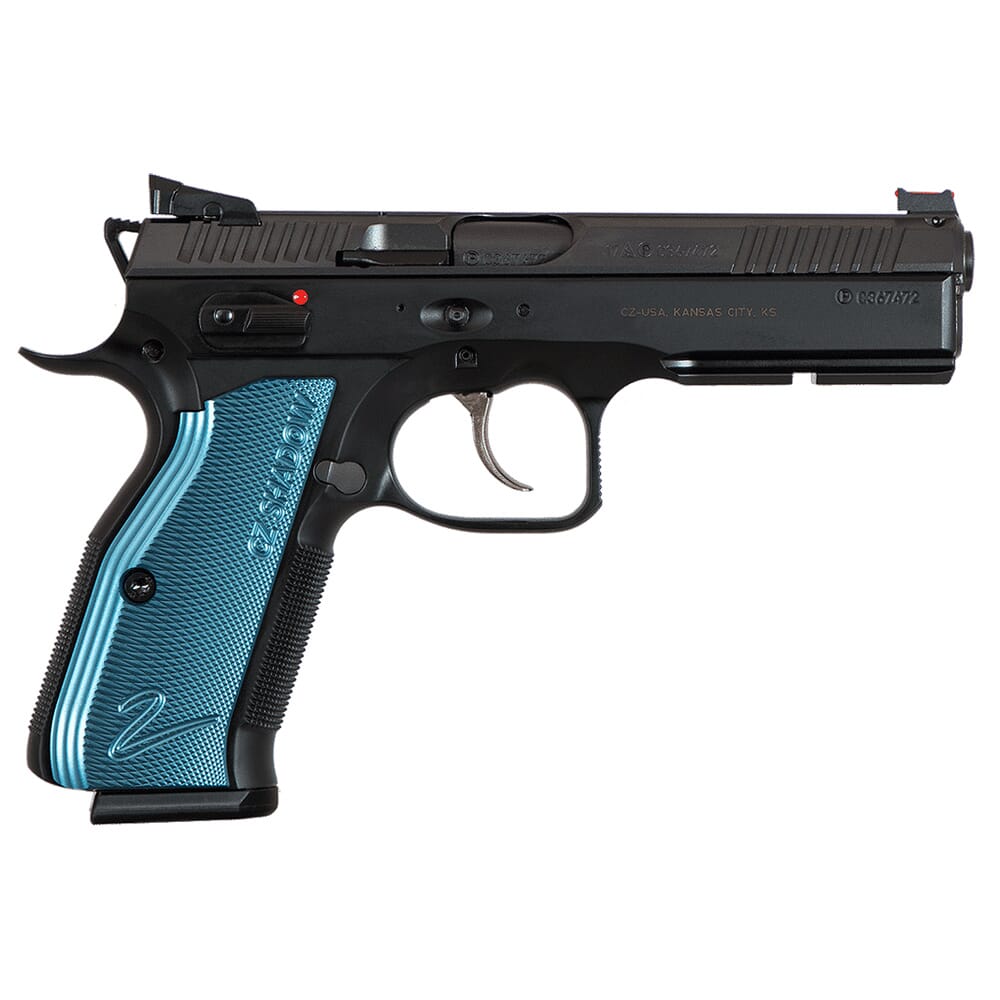 CZ-USA Shadow 2 9mm 17rd Blk Handgun w/Polycoat Steel Frame, Nitride Slide, FO Front/Blk Serrated Hajo Rear, Blue Alum Grips 91257