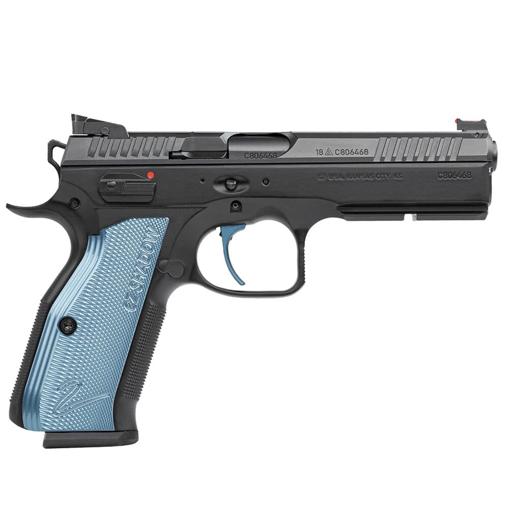 CZ-USA Shadow 2 SA 9mm 17rd Blk Handgun w/Polycoat Steel, FO Front/Blk Serrated Hajo Rear, Blue Single Action Only Trigger, Blue Alum Grips 91245