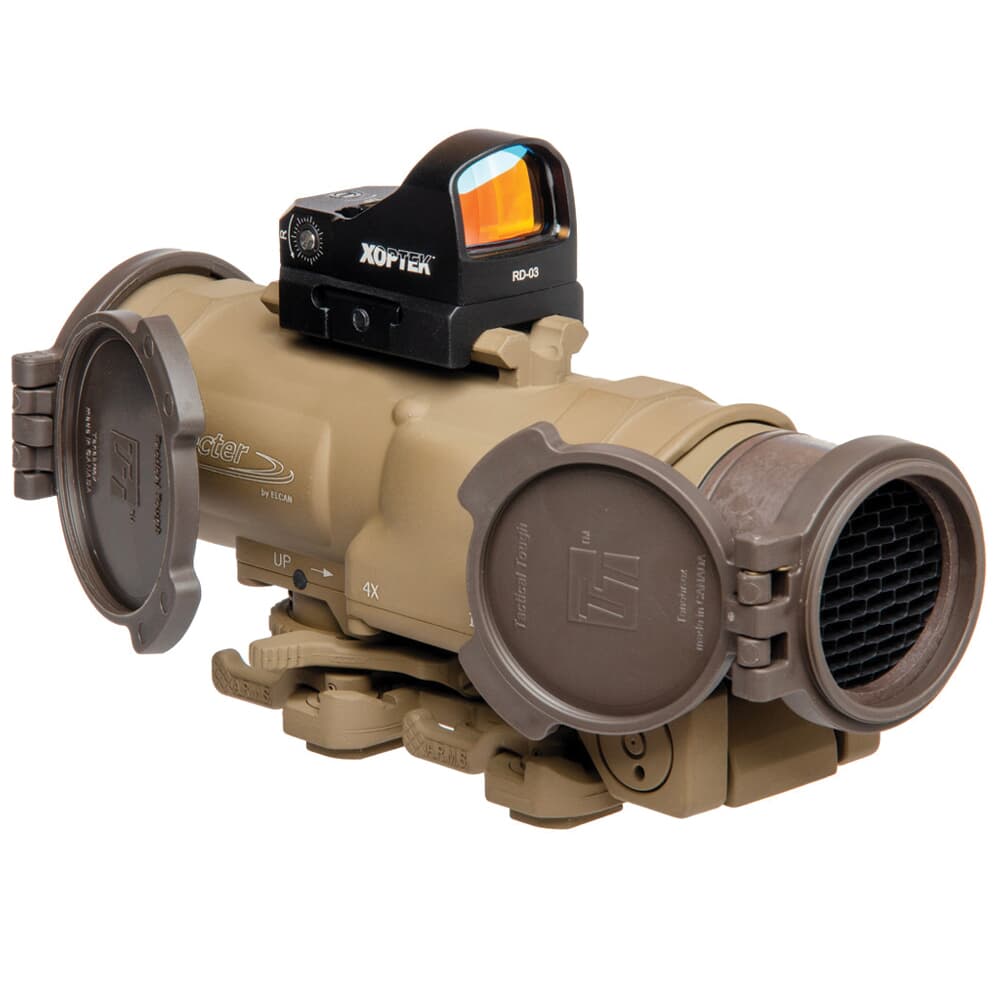 Elcan SpecterDR 1x/4x 5.56mm FDE Riflescope w/Flip Covers, ARD &amp; 3MOA XOPTEK DFOV4-T265-C10-X3