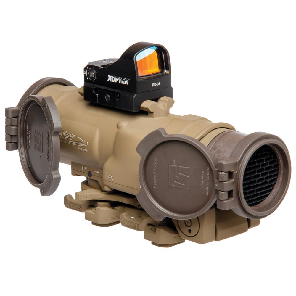 Elcan SpecterDR 1x/4x 7.62mm FDE Riflescope w/Flip Covers, ARD &amp; 3MOA XOPTEK DFOV4-T265-C20-X3