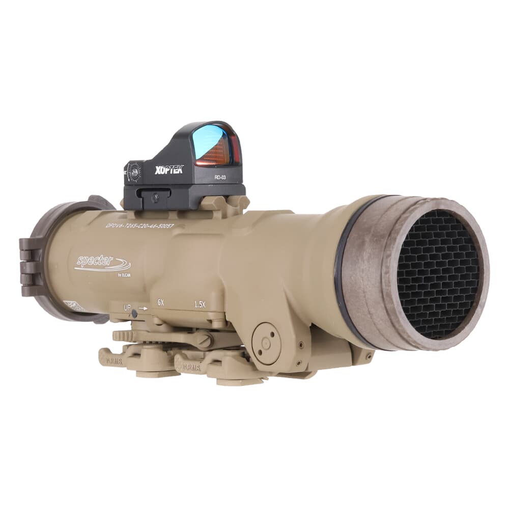 Elcan SpecterDR 1.5x/6x 7.62mm FDE Riflescope w/Flip Covers, ARD &amp; 3MOA XOPTEK DFOV6-T265-C20-X3
