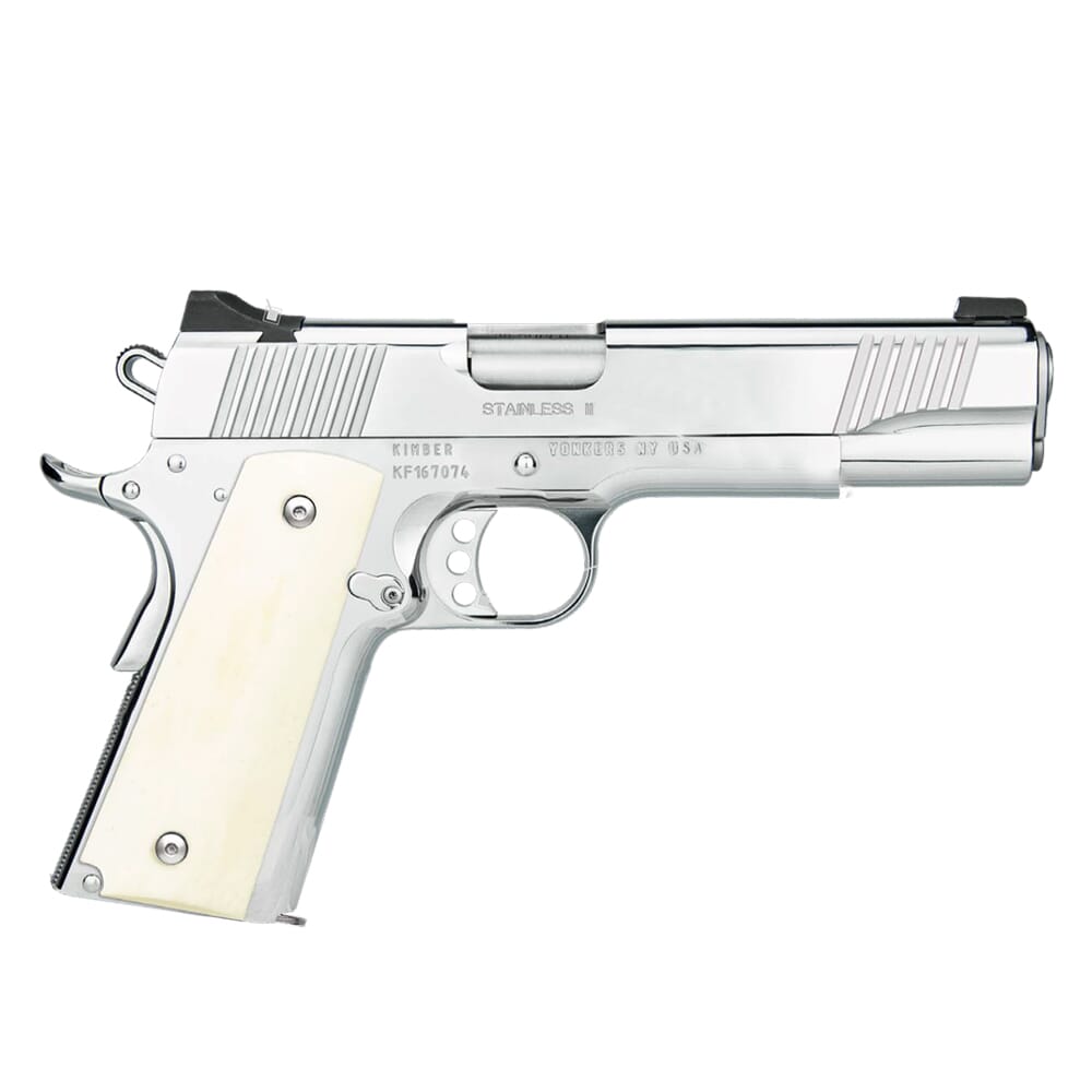 Kimber 1911 Stainless II, HP .38 Super Auto Pistol w/Front and Rear White Dot Sights, Smooth Ivory Grips, 3-Hole Silver Trigger & (1) 9rd Magazine 320