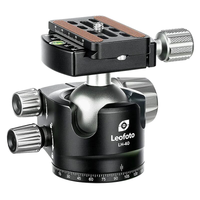 Leofoto LH-40 40mm Low Profile Black Ball Head w/QP-70N QR Plate, Case, & Independent Pan Lock; Arca Compatible LH-40-QP-70N