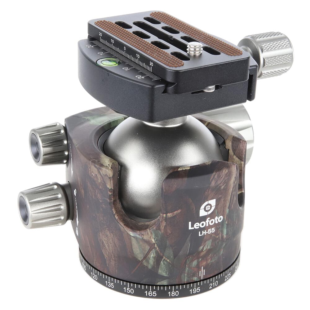 Leofoto LH-55 55mm Low Profile Camo Ball Head w/QP-70N QR Plate, Case, &amp; Independent Pan Lock; Arca Compatible LH-55-QP-70N-CAMO