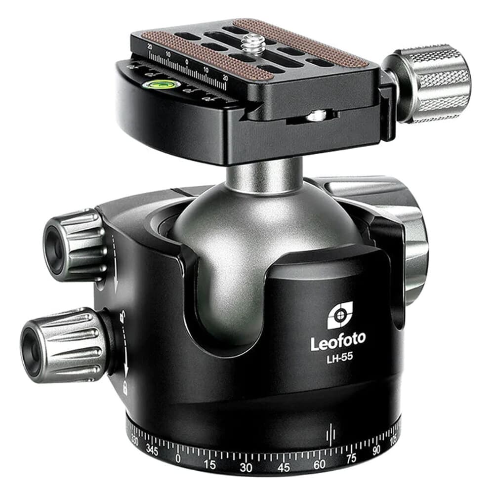 Leofoto LH-55 55mm Low Profile Black Ball Head w/QP-70N QR Plate, Case, &amp; Independent Pan Lock; Arca Compatible LH-55-QP-70N