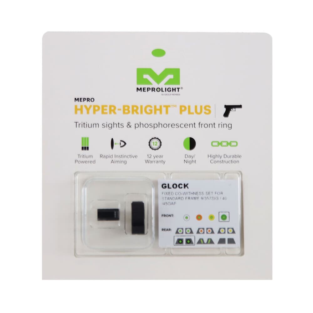 Meprolight Hyper-Bright Co-Witness Glock Std Frame 9/357SIG/40/45GAP Green Ring/Green Fixed Pistol Sight Set 040224318011
