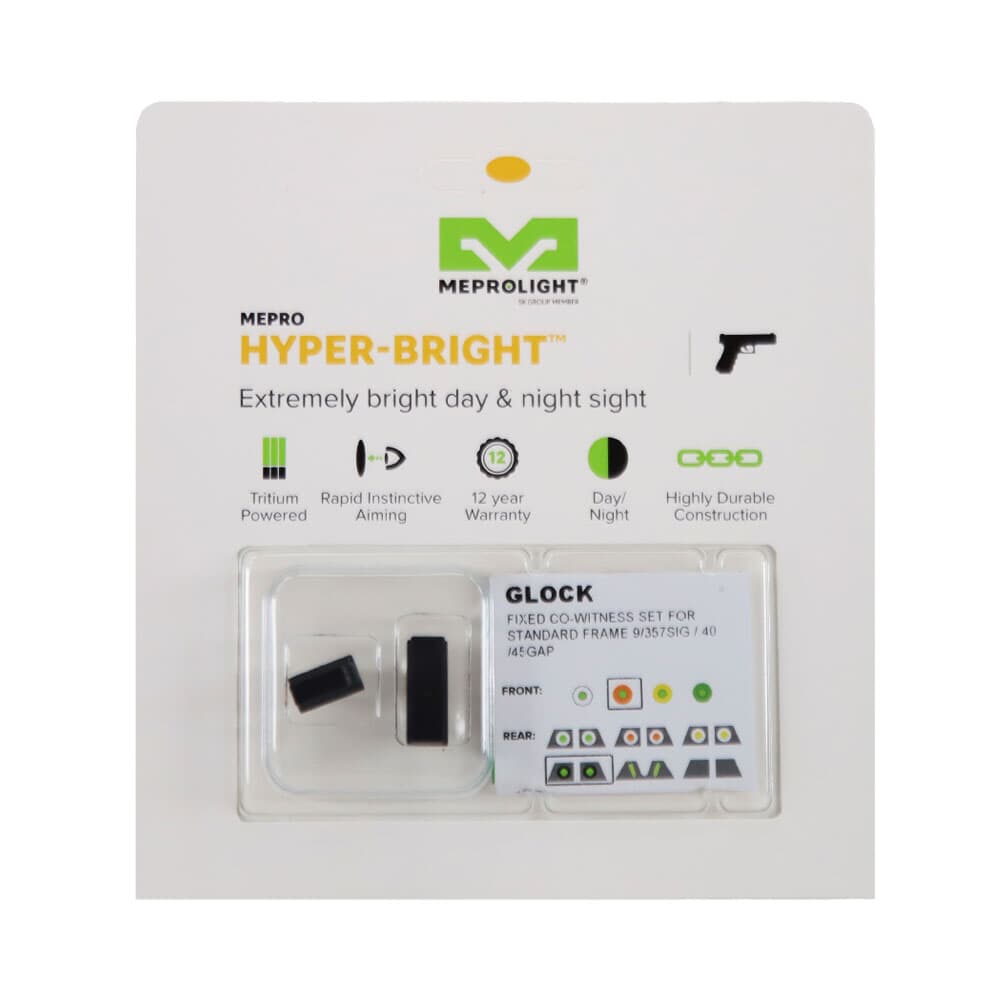 Meprolight Hyper-Bright Co-Witness Glock Std Frame 9/357SIG/40/45GAP Orange Ring/Green Fixed Pistol Sight Set 040224318031