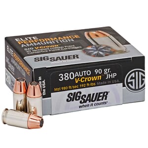 Sig Sauer Ammo .380 ACP 90gr Elite V-Crown Jacketed Hollow Point 20/Box E380A1-20