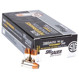 Sig Sauer Ammo .380 Auto 90gr Elite V-Crown Jacketed Hollow Point 50/Box E380A1-50