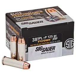 Sig Sauer Ammo .38 Super +P 125gr Elite V-Crown Jacketed Hollow Point 20/Box E38SU1-20