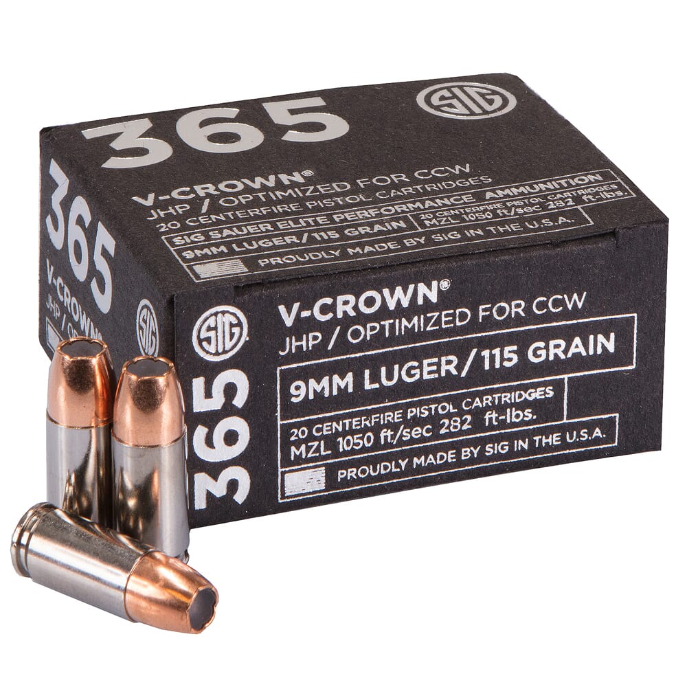 Sig Sauer Ammo 9mm 115gr Elite V-Crown Jacketed Hollow Point 20/Box E9MMA1-20