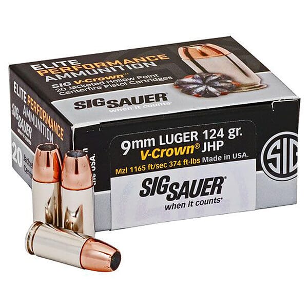 Sig Sauer Ammo 9mm 124gr Elite V-Crown JHP 20/Box E9MMA2-20
