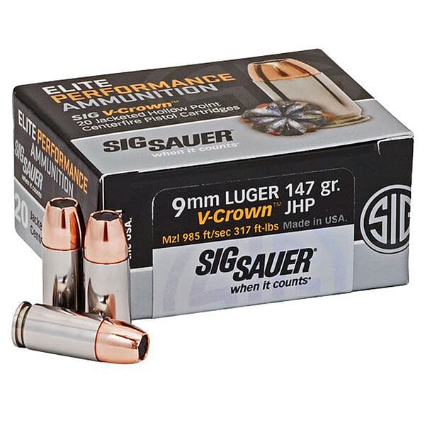 Sig Sauer Ammo 9mm 147gr Elite V-Crown JHP 20/Box E9MMA3-20