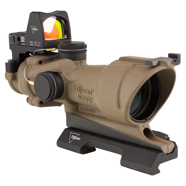 Trijicon 4x32 ACOG ECOS Illum Amber Crosshair 5.56 Reticle w/Iron Sights QR Mount - LED 3.25 MOA Red RMR Type 2 - FDE TA01-D-100555
