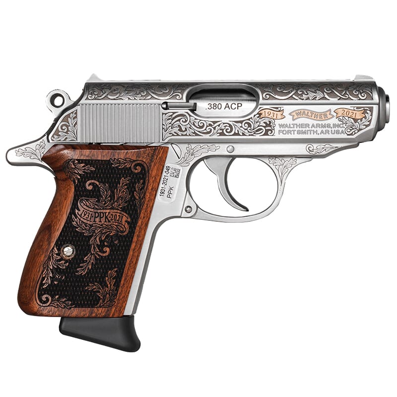Walther Arms PPK Stainless 90th Anniversary .380 ACP 3.3" 1:10" Bbl Pistol w/Pau Ferro Wood Grips, German Oak Leaf Engraving & (2) 6rd Mags 4796003